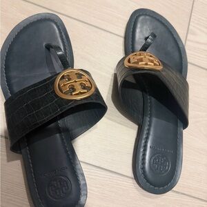 Tory Burch Black Leather Croc-Embossed Slide Sandals with Gold Logo